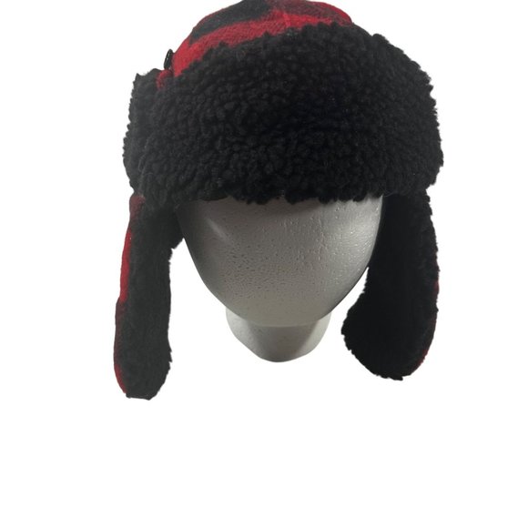Cat And Jack Boy's One Size Trapper Hat Winter Buffalo Plaid Black Red New - Picture 1 of 9